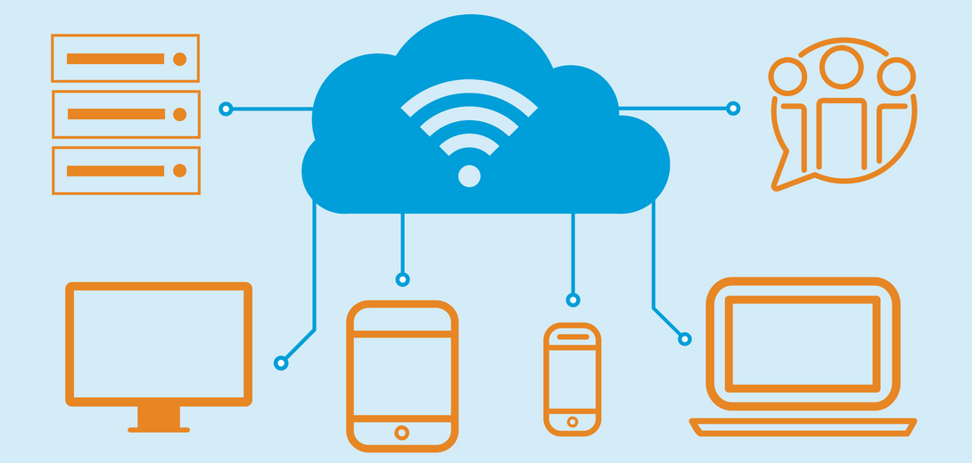  A graphic representing affordable cloud computing solutions for businesses, with a cloud connected to a desktop computer, laptop, tablet, and mobile phone.